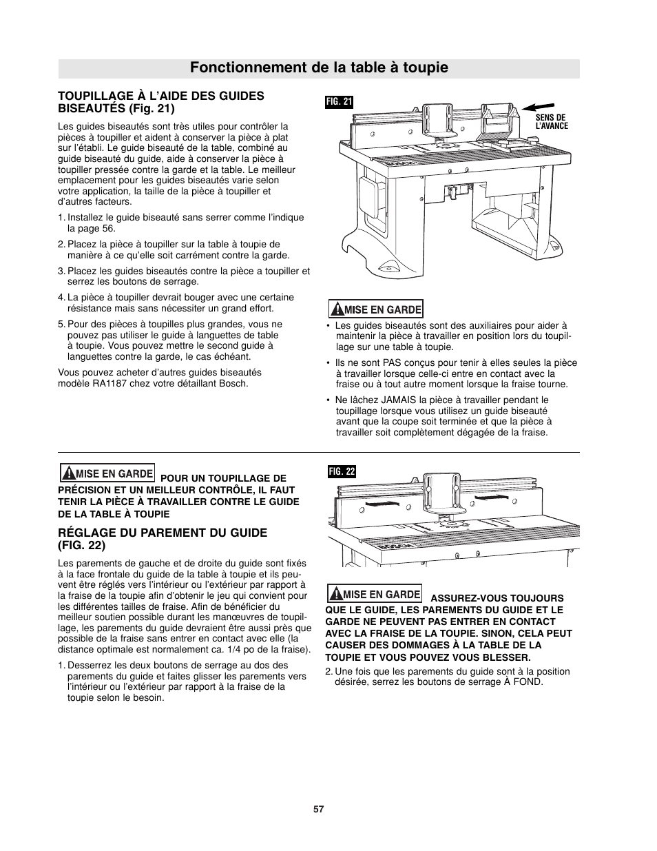 Fonctionnement de la table à toupie | Bosch RA1181 User Manual | Page 57 / 96