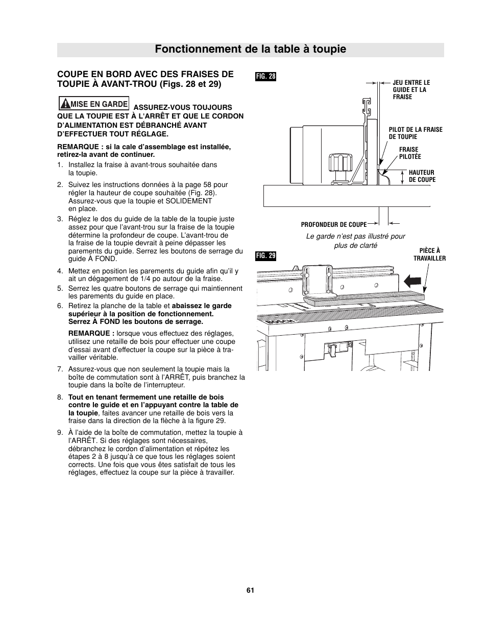 Fonctionnement de la table à toupie | Bosch RA1181 User Manual | Page 61 / 96