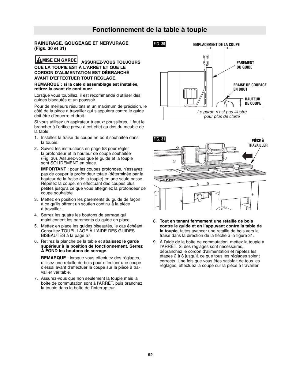 Fonctionnement de la table à toupie | Bosch RA1181 User Manual | Page 62 / 96