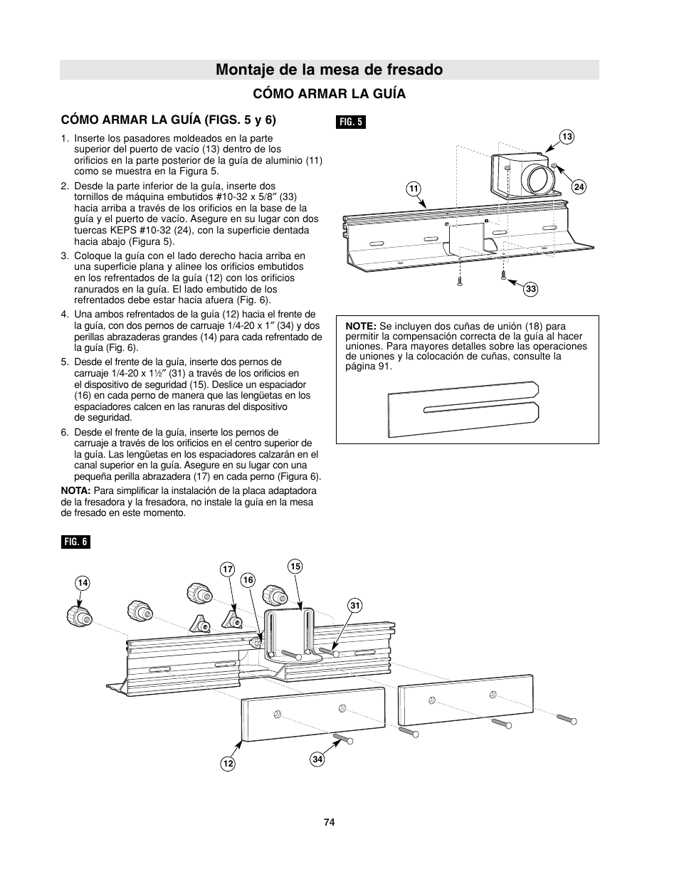 Montaje de la mesa de fresado, Cómo armar la guía, Cómo armar la guía (figs. 5 y 6) | Bosch RA1181 User Manual | Page 74 / 96