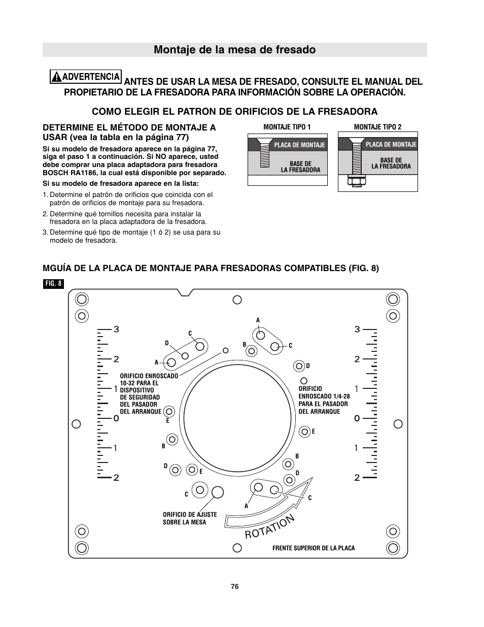 Montaje de la mesa de fresado, Cómo elegir el patrón de orificios de la fresadora | Bosch RA1181 User Manual | Page 76 / 96