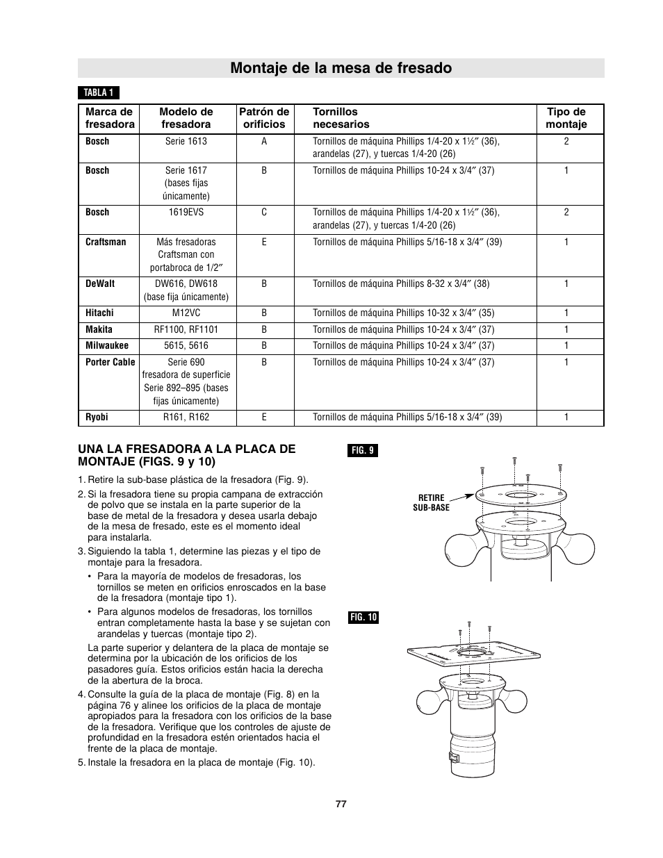 Montaje de la mesa de fresado | Bosch RA1181 User Manual | Page 77 / 96