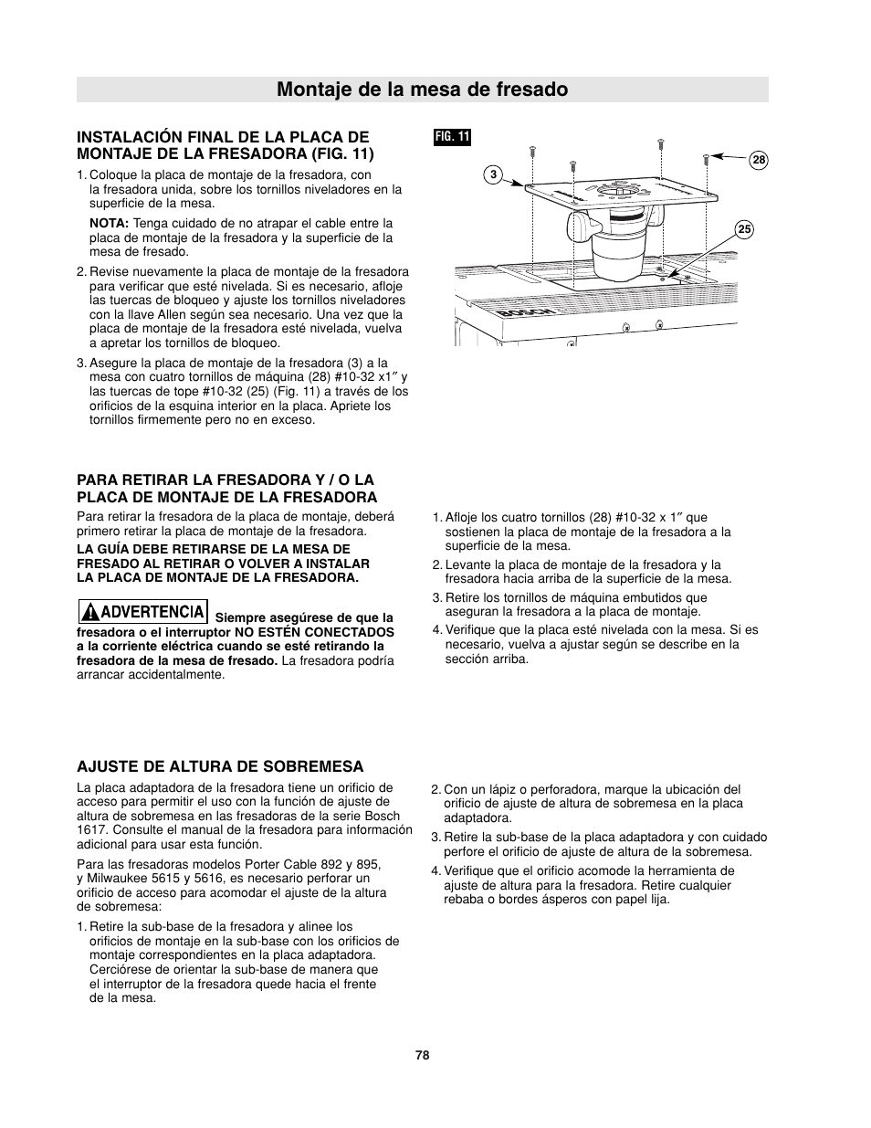 Montaje de la mesa de fresado | Bosch RA1181 User Manual | Page 78 / 96