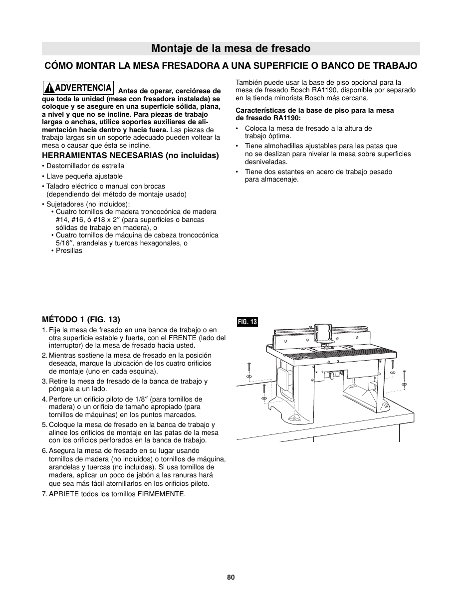 Montaje de la mesa de fresado | Bosch RA1181 User Manual | Page 80 / 96