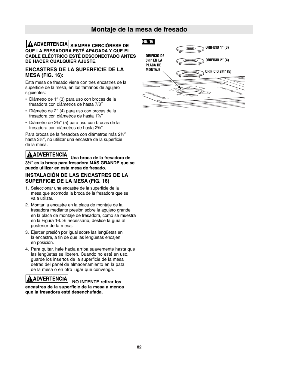 Montaje de la mesa de fresado, Encastres de la superficie de la mesa (fig. 16) | Bosch RA1181 User Manual | Page 82 / 96