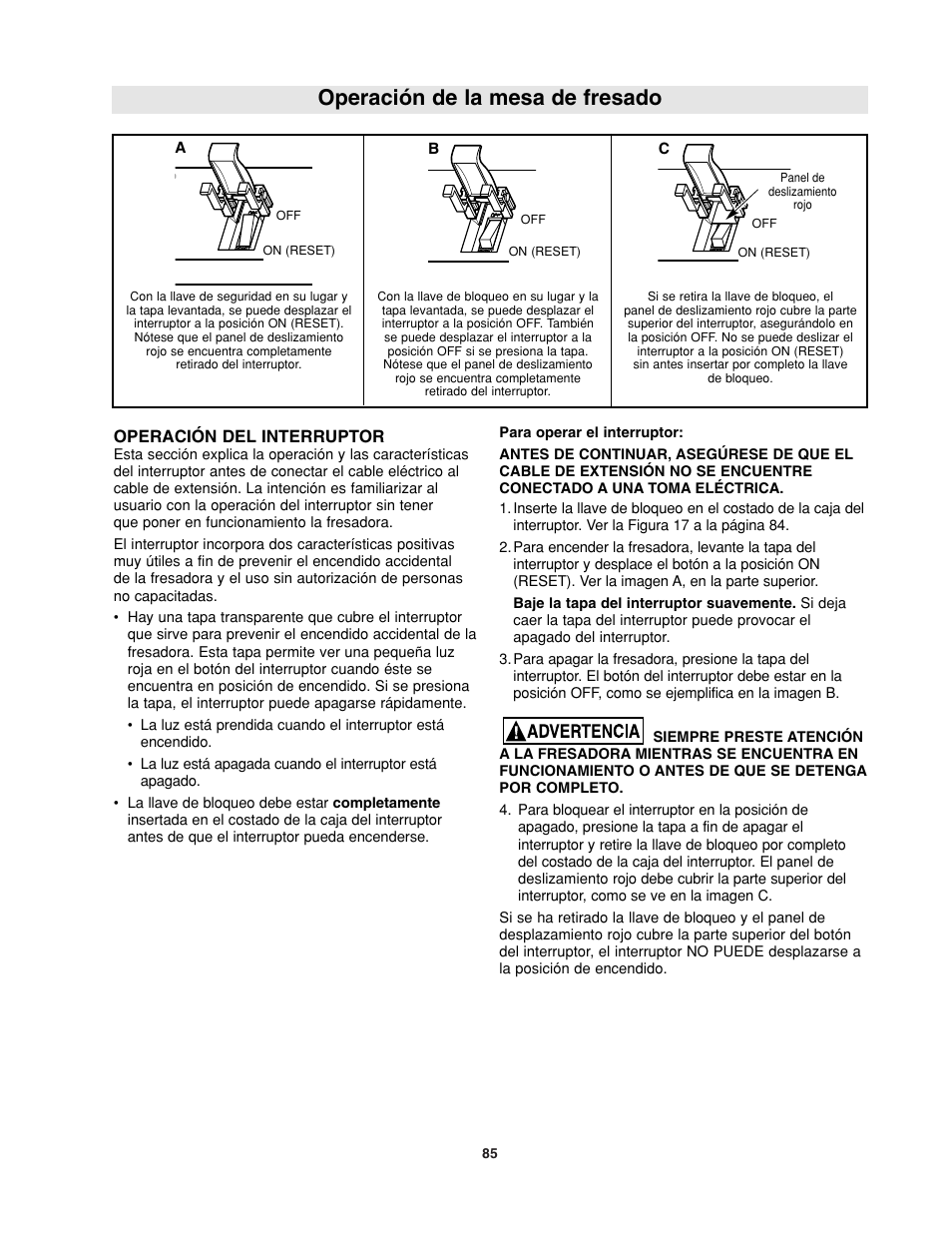 Operación de la mesa de fresado, Operación del interruptor | Bosch RA1181 User Manual | Page 85 / 96