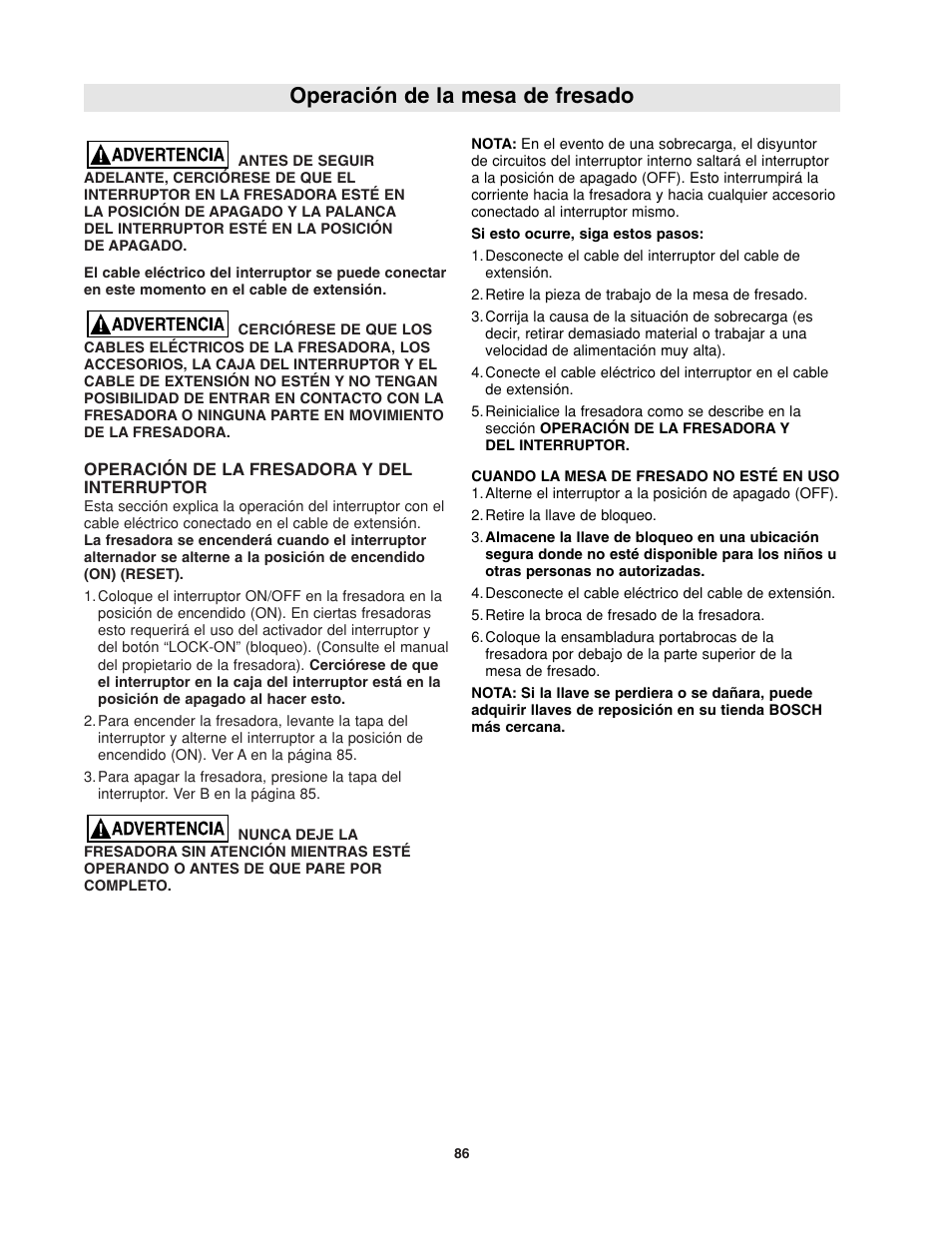 Operación de la mesa de fresado | Bosch RA1181 User Manual | Page 86 / 96