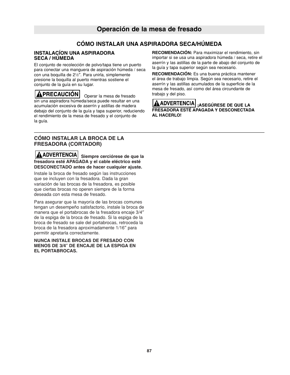 Operación de la mesa de fresado, Cómo instalar una aspiradora seca/húmeda | Bosch RA1181 User Manual | Page 87 / 96