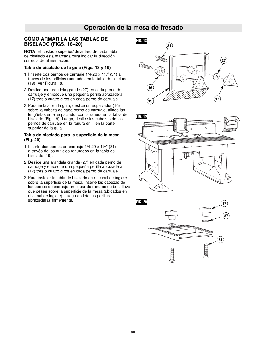 Operación de la mesa de fresado, Cómo armar la las tablas de biselado (figs. 18–20) | Bosch RA1181 User Manual | Page 88 / 96