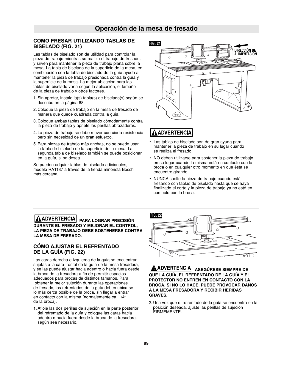 Operación de la mesa de fresado | Bosch RA1181 User Manual | Page 89 / 96