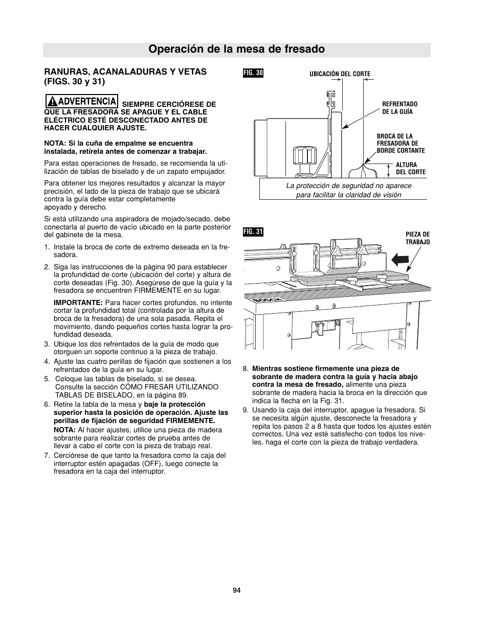 Operación de la mesa de fresado | Bosch RA1181 User Manual | Page 94 / 96