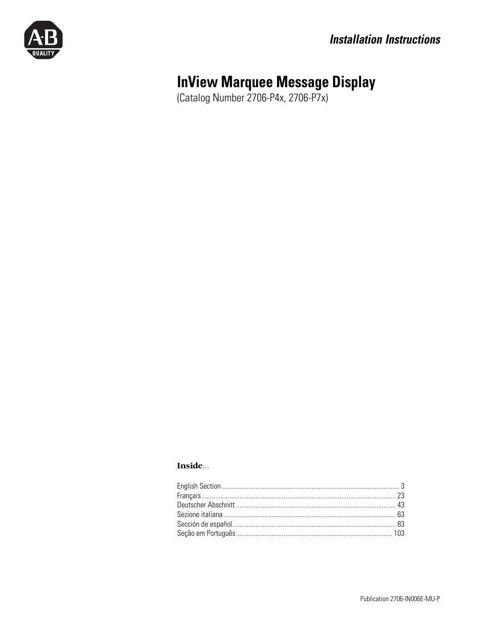 Rockwell Automation 2706-P42R_P42C_P43R_P43C_P44R_P44C_P72CNx_P74CNx InView Marquee Message Display User Manual | 125 pages