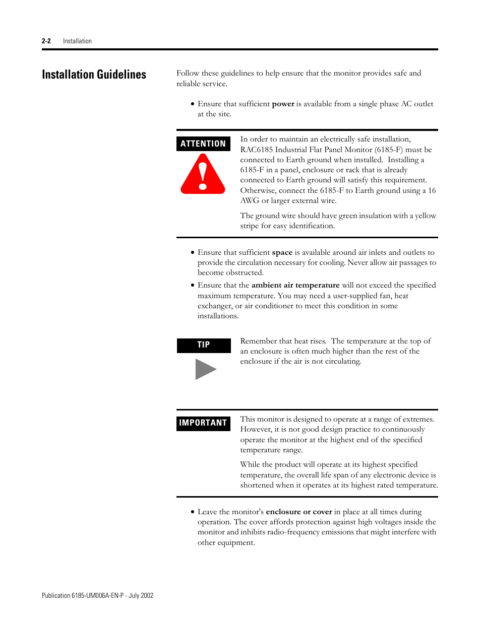 Installation guidelines, Installation guidelines -2 | Rockwell Automation 6185-F RAC6185 Industrial Flat Panel Monitors User Manual User Manual | Page 12 / 52