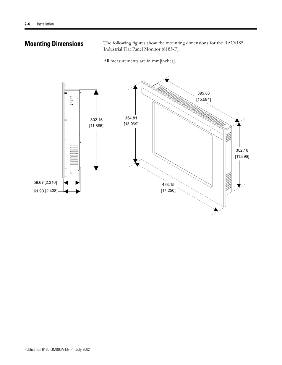 Mounting dimensions, Mounting dimensions -4 | Rockwell Automation 6185-F RAC6185 Industrial Flat Panel Monitors User Manual User Manual | Page 14 / 52