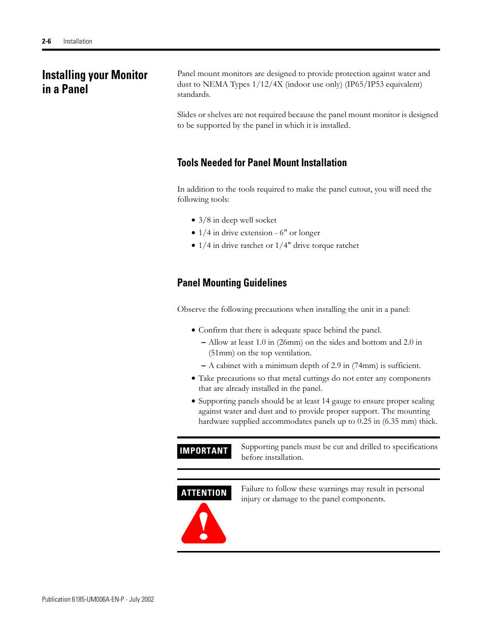 Installing your monitor in a panel, Tools needed for panel mount installation, Panel mounting guidelines | Installing your monitor in a panel -6 | Rockwell Automation 6185-F RAC6185 Industrial Flat Panel Monitors User Manual User Manual | Page 16 / 52