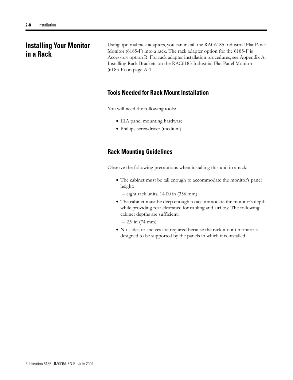 Installing your monitor in a rack, Tools needed for rack mount installation, Rack mounting guidelines | Installing your monitor in a rack -8 | Rockwell Automation 6185-F RAC6185 Industrial Flat Panel Monitors User Manual User Manual | Page 18 / 52