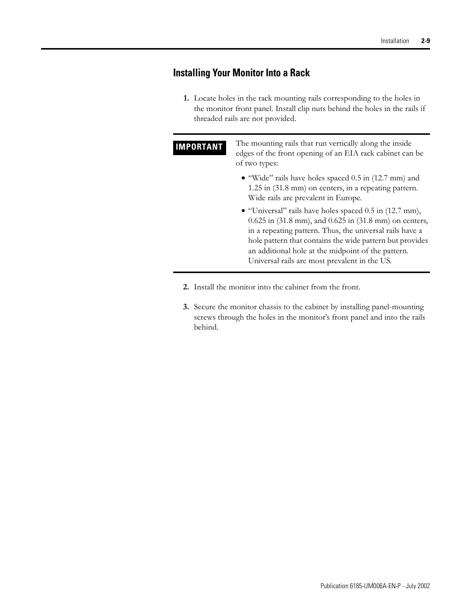 Installing your monitor into a rack | Rockwell Automation 6185-F RAC6185 Industrial Flat Panel Monitors User Manual User Manual | Page 19 / 52