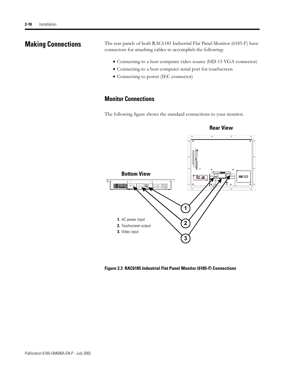 Making connections, Monitor connections, Making connections -10 | Rockwell Automation 6185-F RAC6185 Industrial Flat Panel Monitors User Manual User Manual | Page 20 / 52