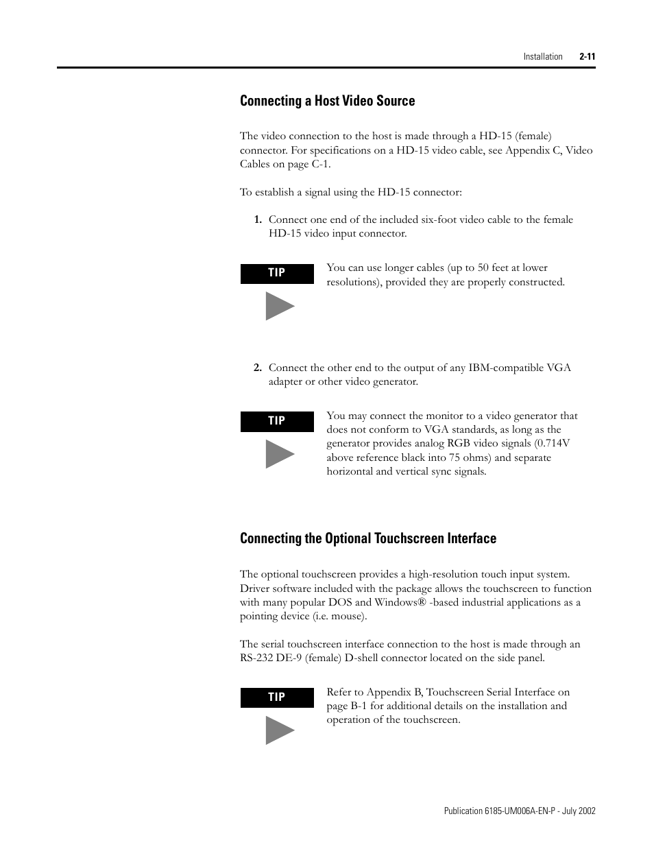 Connecting a host video source, Connecting the optional touchscreen interface | Rockwell Automation 6185-F RAC6185 Industrial Flat Panel Monitors User Manual User Manual | Page 21 / 52