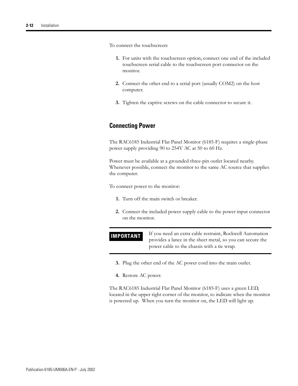 Connecting power | Rockwell Automation 6185-F RAC6185 Industrial Flat Panel Monitors User Manual User Manual | Page 22 / 52