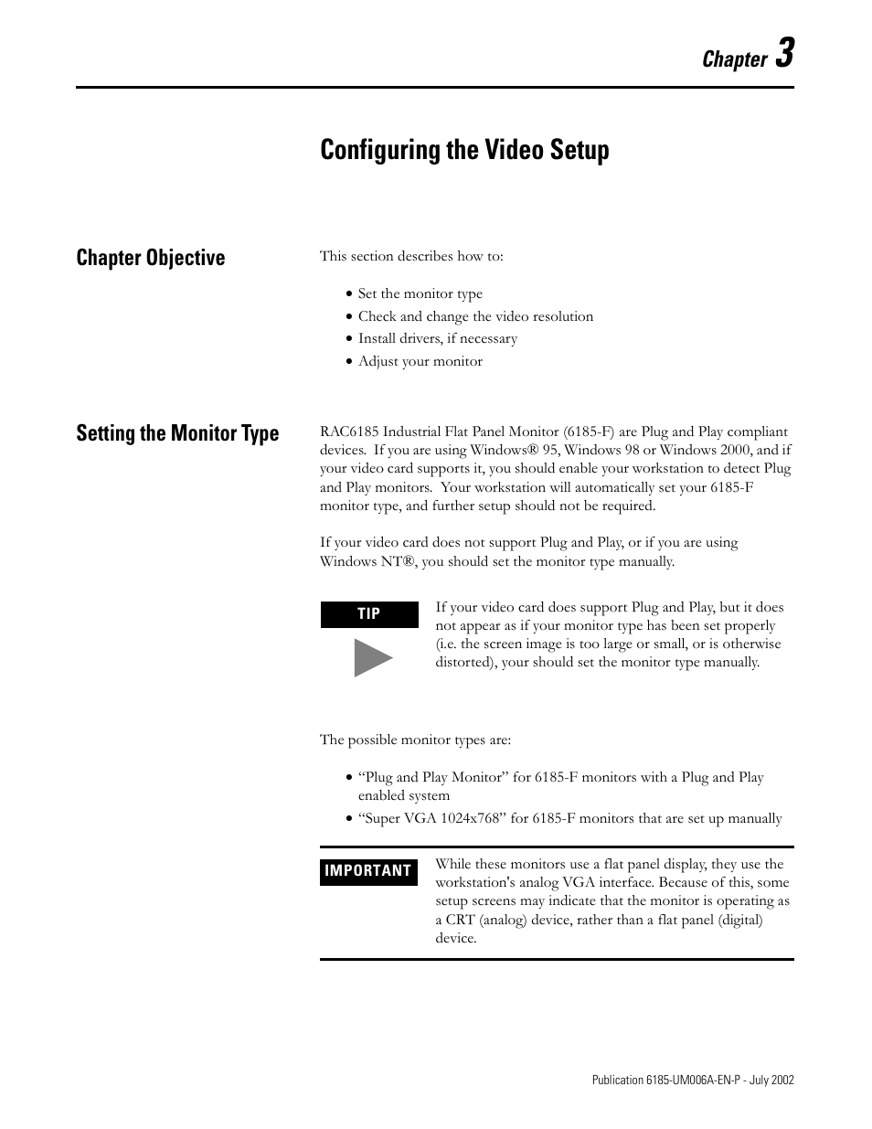 3 - configuring the video setup, Chapter objective, Setting the monitor type | Chapter 3, Configuring the video setup, Chapter objective -1 setting the monitor type -1, Chapter | Rockwell Automation 6185-F RAC6185 Industrial Flat Panel Monitors User Manual User Manual | Page 23 / 52