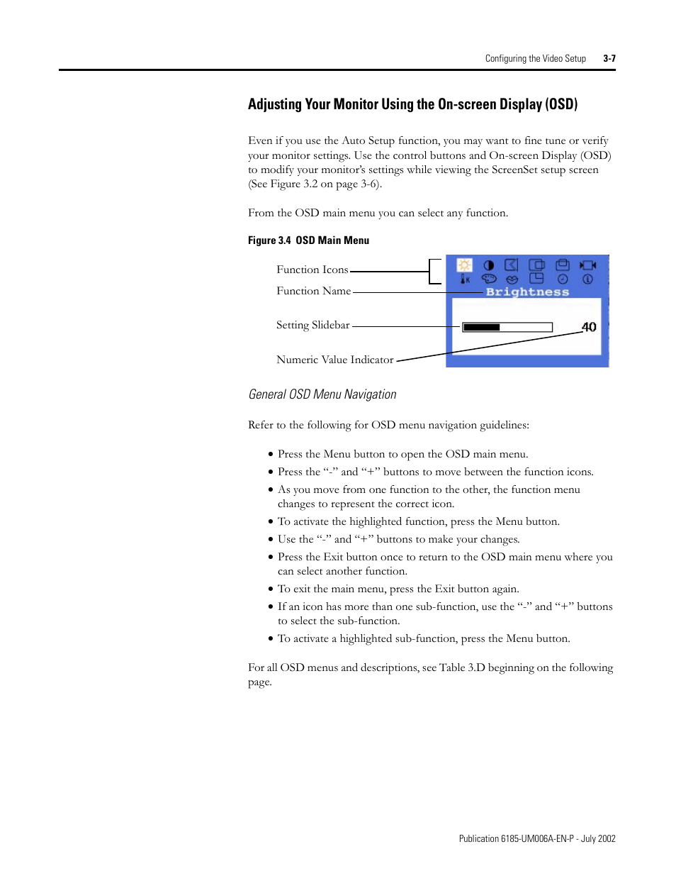 General osd menu navigation | Rockwell Automation 6185-F RAC6185 Industrial Flat Panel Monitors User Manual User Manual | Page 29 / 52