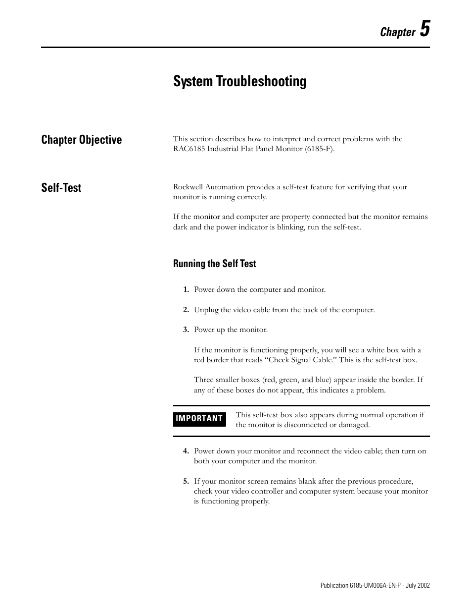 5 - system troubleshooting, Chapter objective, Self-test | Running the self test, Chapter 5, System troubleshooting, Chapter objective -1 self-test -1, Chapter | Rockwell Automation 6185-F RAC6185 Industrial Flat Panel Monitors User Manual User Manual | Page 37 / 52