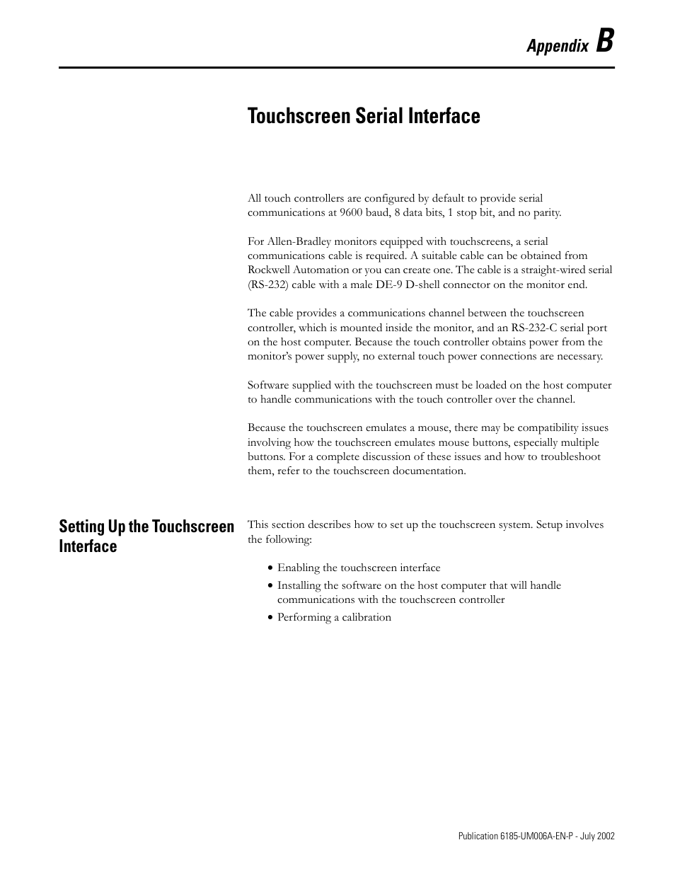 B - touchscreen serial interface, Setting up the touchscreen interface, Touchscreen serial interface | Appendix | Rockwell Automation 6185-F RAC6185 Industrial Flat Panel Monitors User Manual User Manual | Page 43 / 52
