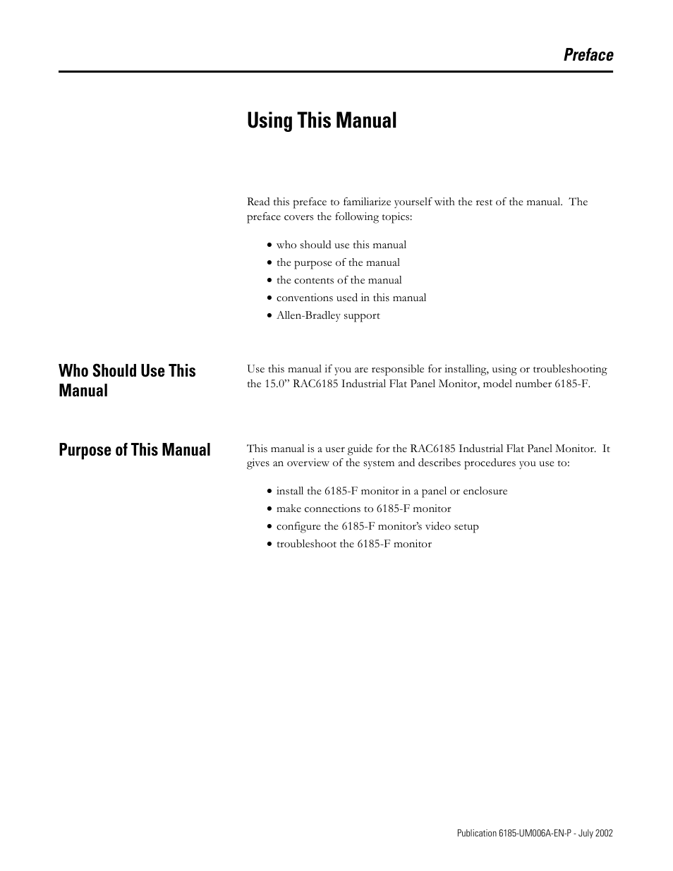 Preface - using this manual, Who should use this manual, Purpose of this manual | Using this manual, Preface | Rockwell Automation 6185-F RAC6185 Industrial Flat Panel Monitors User Manual User Manual | Page 5 / 52