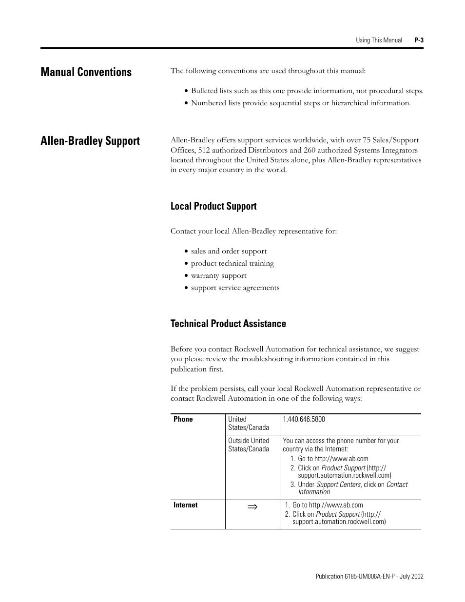 Manual conventions, Allen-bradley support, Local product support | Technical product assistance | Rockwell Automation 6185-F RAC6185 Industrial Flat Panel Monitors User Manual User Manual | Page 7 / 52