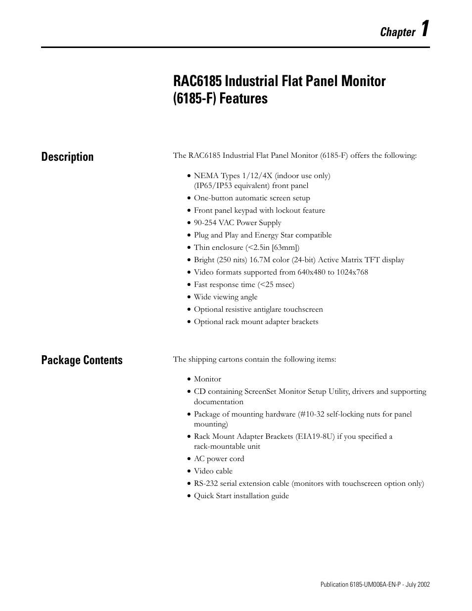 Description, Package contents, Chapter 1 | Description -1 package contents -1, Chapter | Rockwell Automation 6185-F RAC6185 Industrial Flat Panel Monitors User Manual User Manual | Page 9 / 52