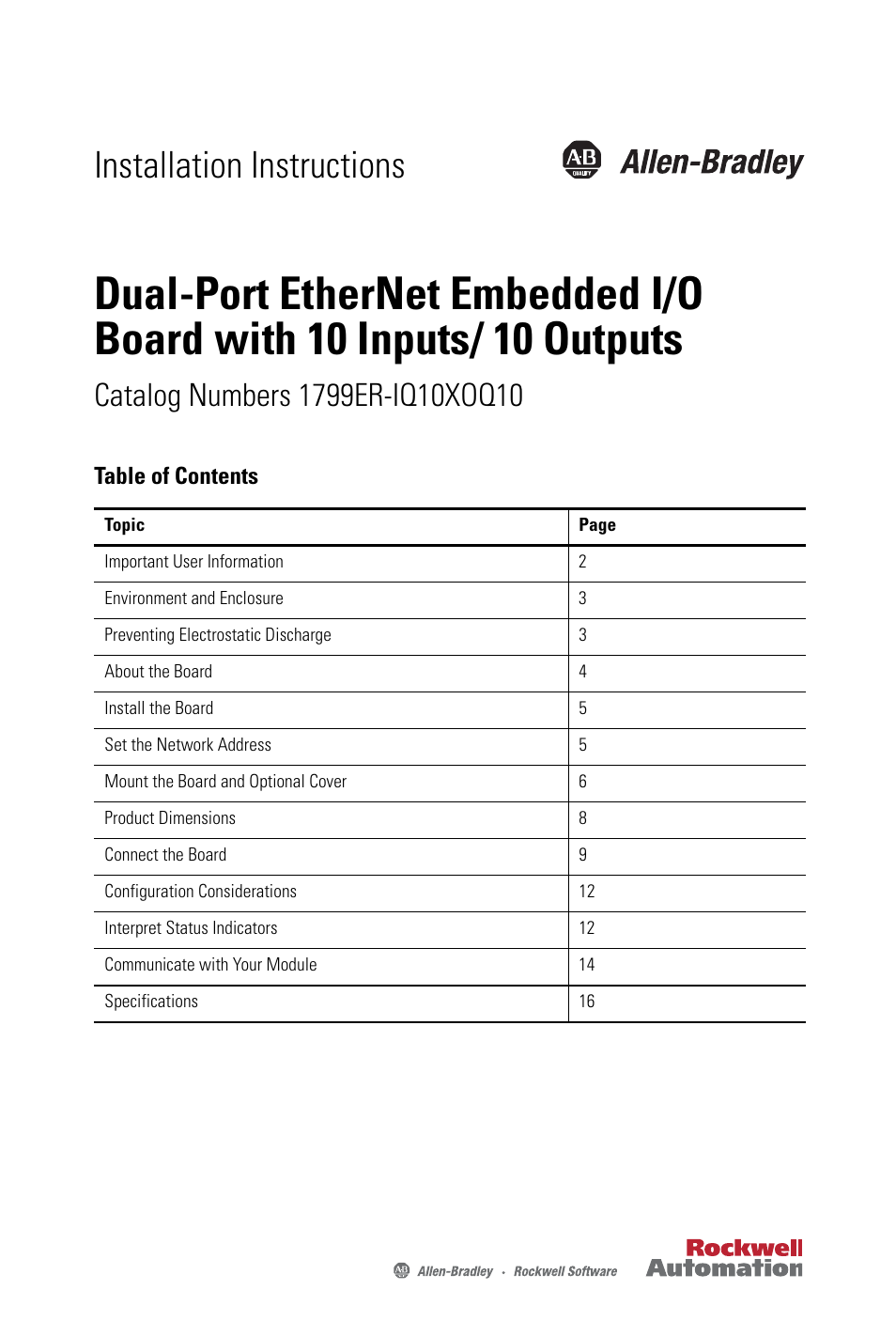 Rockwell Automation 1799ER-IQ10XOQ10 Dual-Port EtherNet Embedded I/O Board with 10 Inputs/ Outputs User Manual | 20 pages