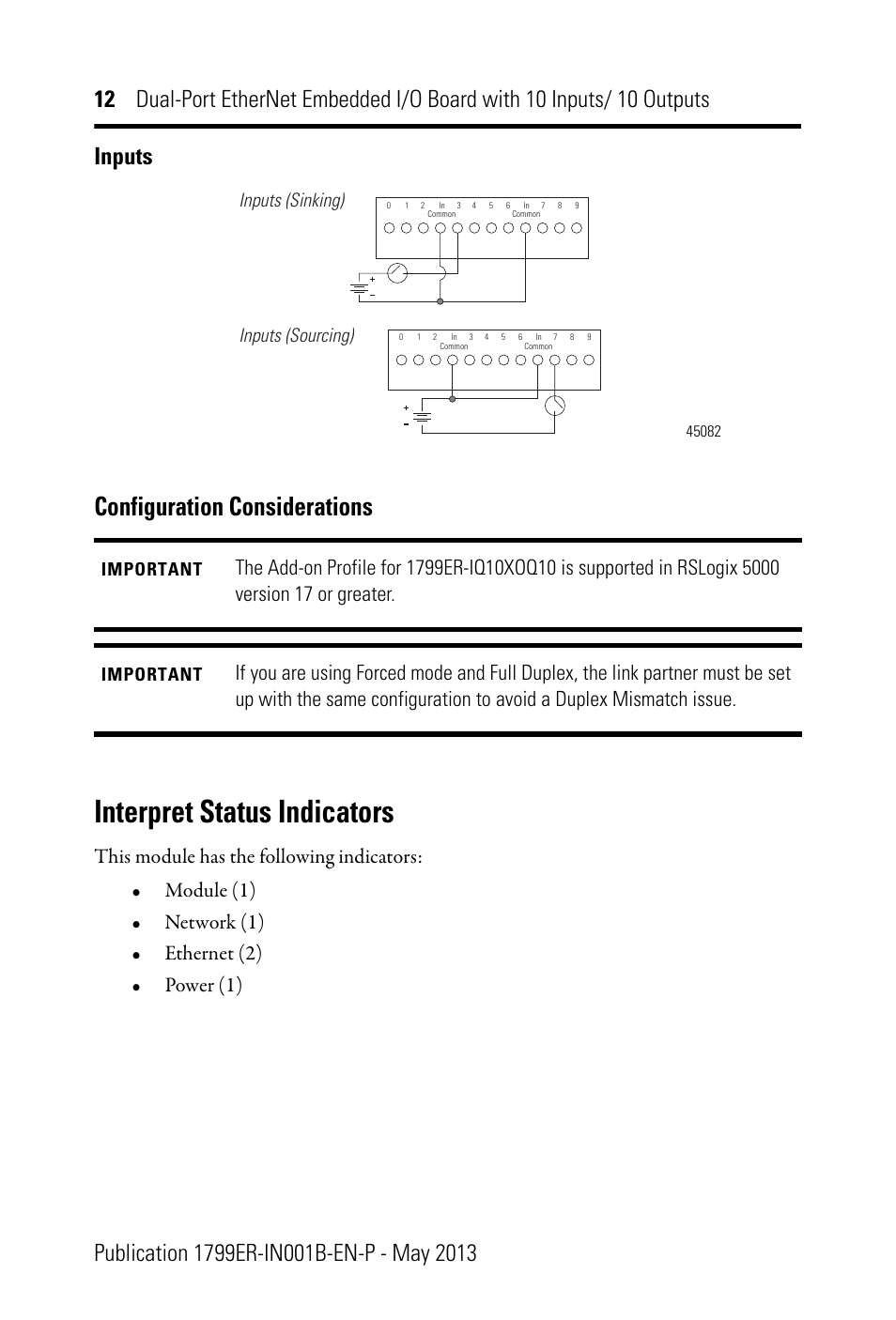 Configuration considerations, Interpret status indicators, Inputs (sinking) inputs (sourcing) | Important | Rockwell Automation 1799ER-IQ10XOQ10 Dual-Port EtherNet Embedded I/O Board with 10 Inputs/ Outputs User Manual | Page 12 / 20