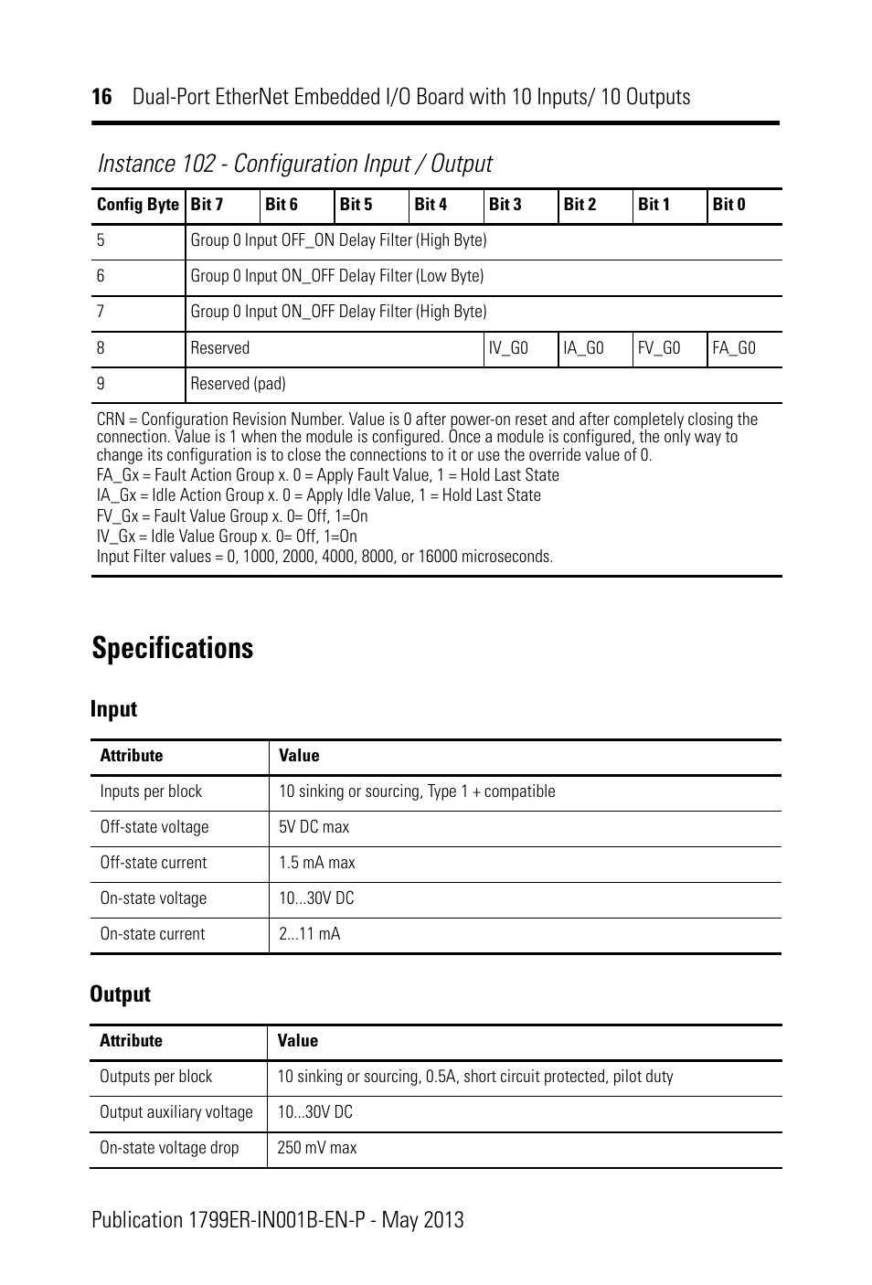 Specifications, Instance 102 - configuration input / output, Input | Output | Rockwell Automation 1799ER-IQ10XOQ10 Dual-Port EtherNet Embedded I/O Board with 10 Inputs/ Outputs User Manual | Page 16 / 20