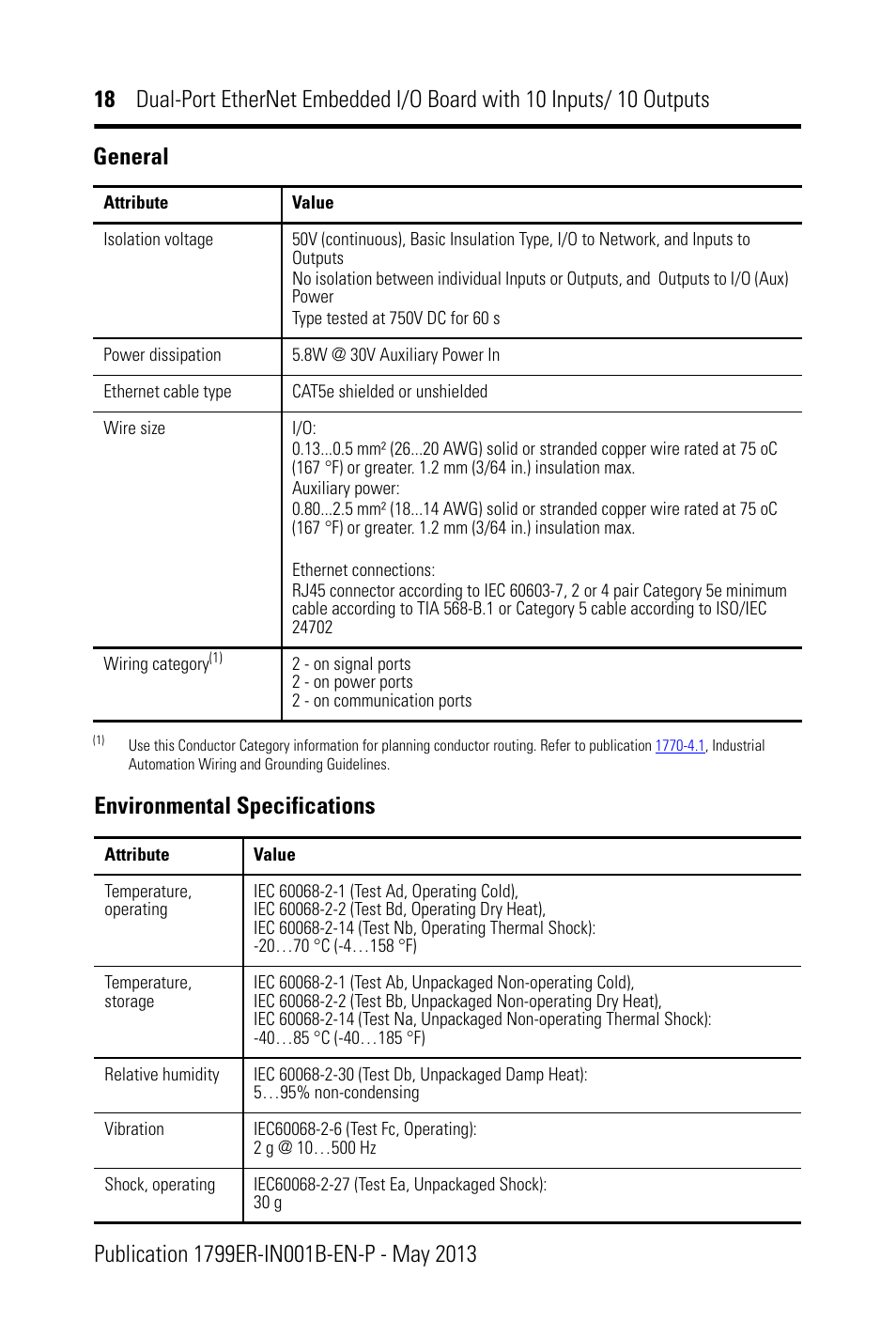Environmental specifications, General | Rockwell Automation 1799ER-IQ10XOQ10 Dual-Port EtherNet Embedded I/O Board with 10 Inputs/ Outputs User Manual | Page 18 / 20