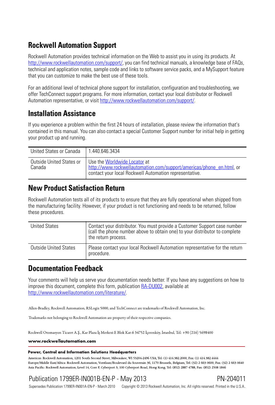 Back cover, Rockwell automation support, Installation assistance | New product satisfaction return, Documentation feedback | Rockwell Automation 1799ER-IQ10XOQ10 Dual-Port EtherNet Embedded I/O Board with 10 Inputs/ Outputs User Manual | Page 20 / 20