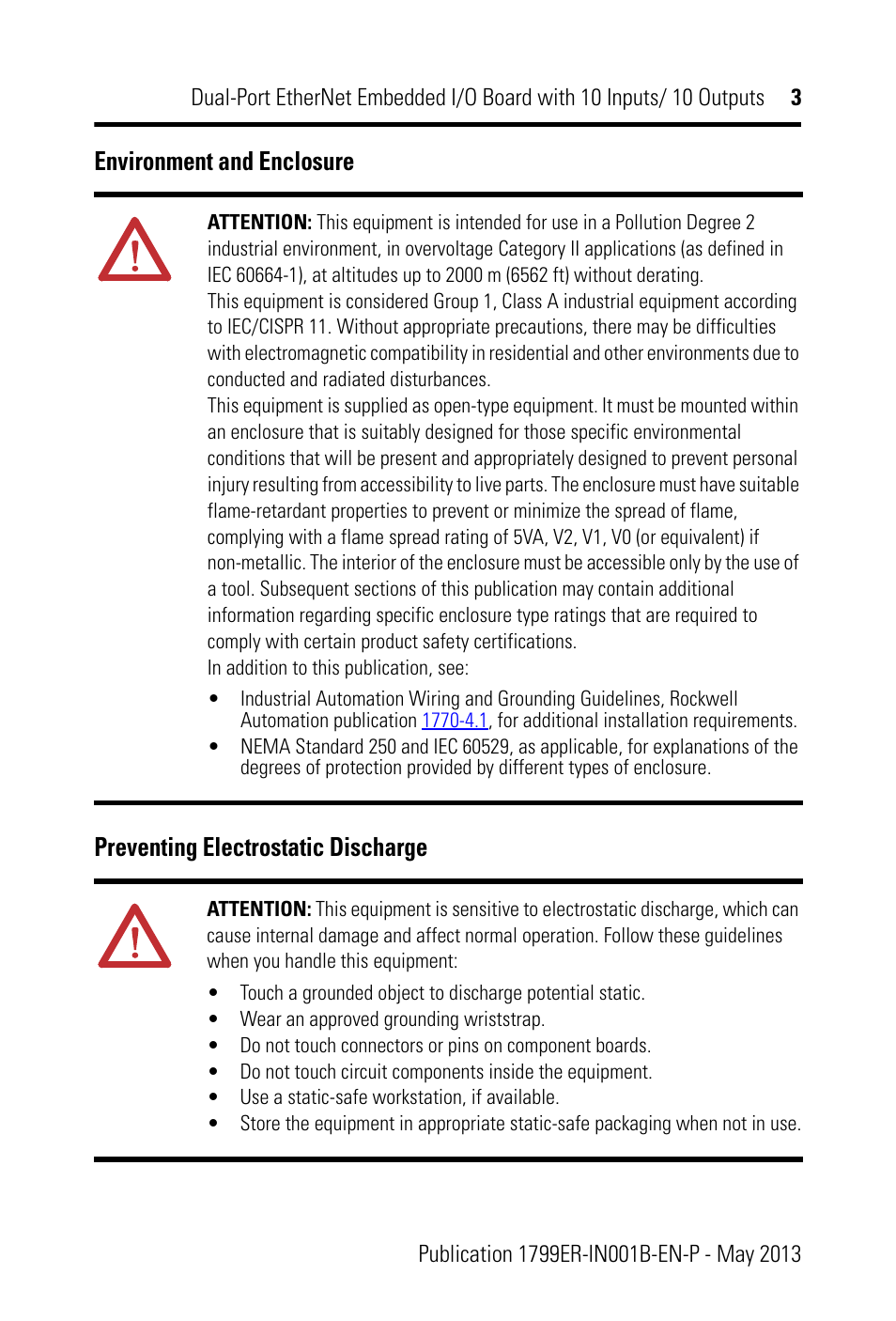 Environment and enclosure, Preventing electrostatic discharge | Rockwell Automation 1799ER-IQ10XOQ10 Dual-Port EtherNet Embedded I/O Board with 10 Inputs/ Outputs User Manual | Page 3 / 20