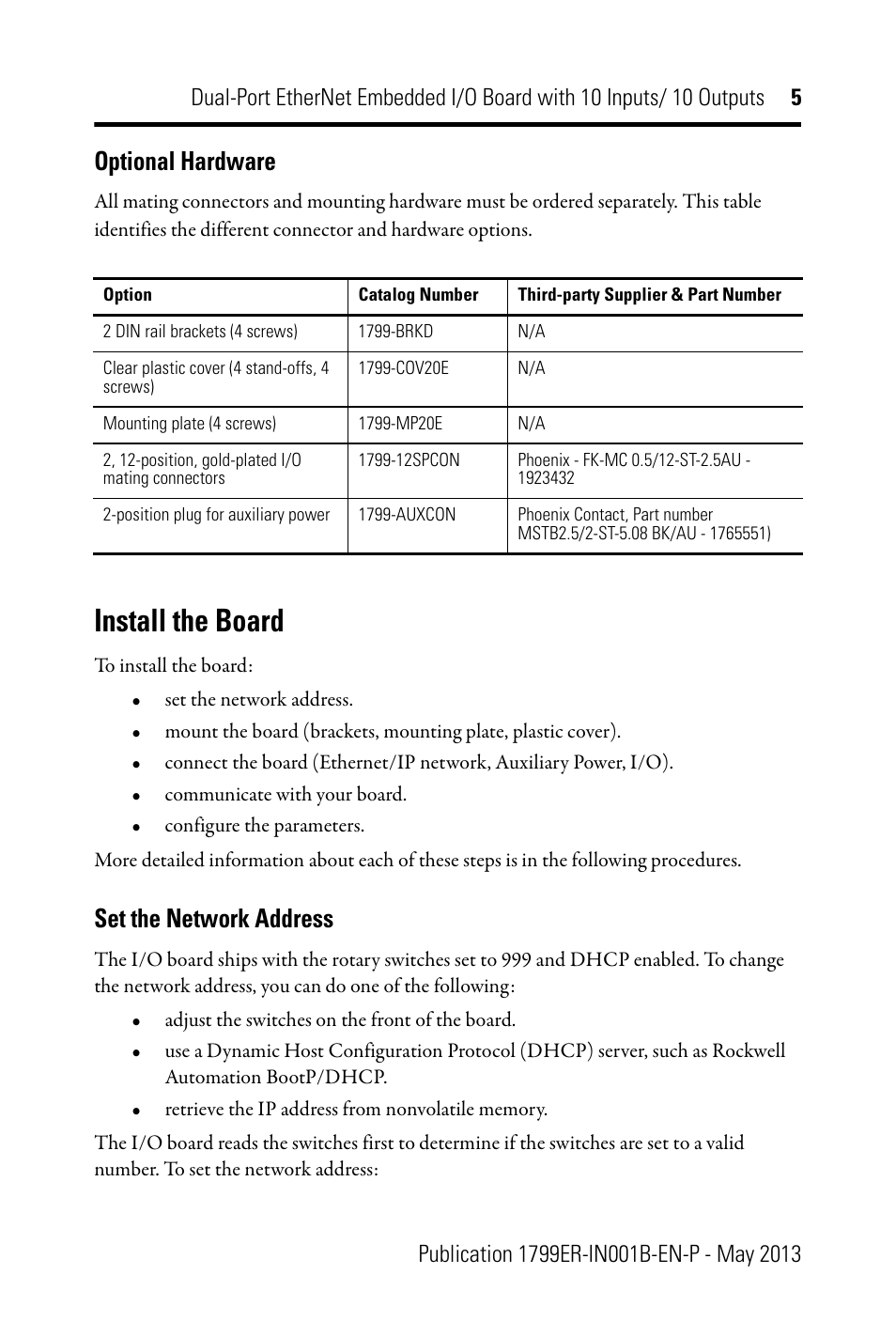 Optional hardware, Install the board, Set the network address | Rockwell Automation 1799ER-IQ10XOQ10 Dual-Port EtherNet Embedded I/O Board with 10 Inputs/ Outputs User Manual | Page 5 / 20