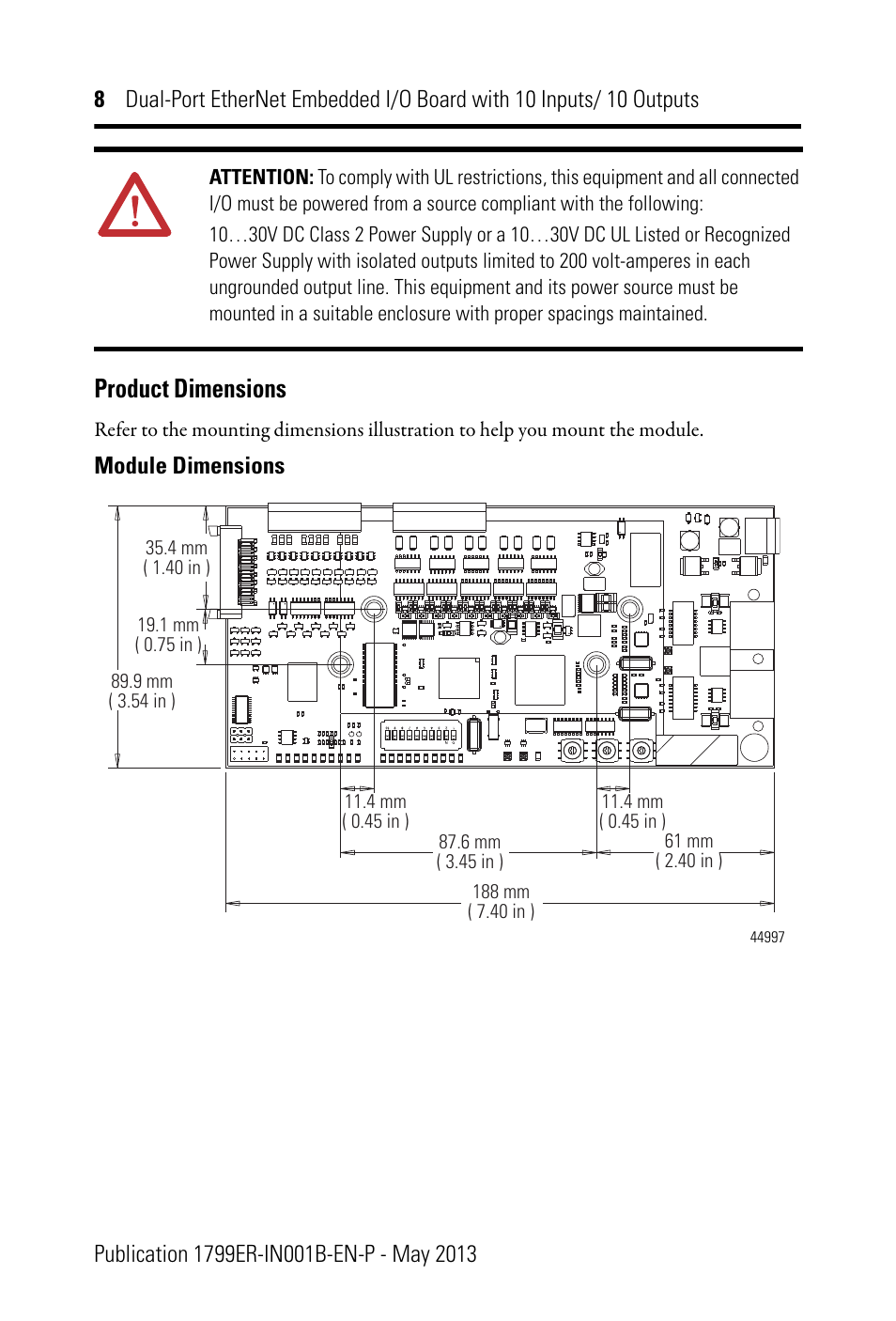 Product dimensions | Rockwell Automation 1799ER-IQ10XOQ10 Dual-Port EtherNet Embedded I/O Board with 10 Inputs/ Outputs User Manual | Page 8 / 20