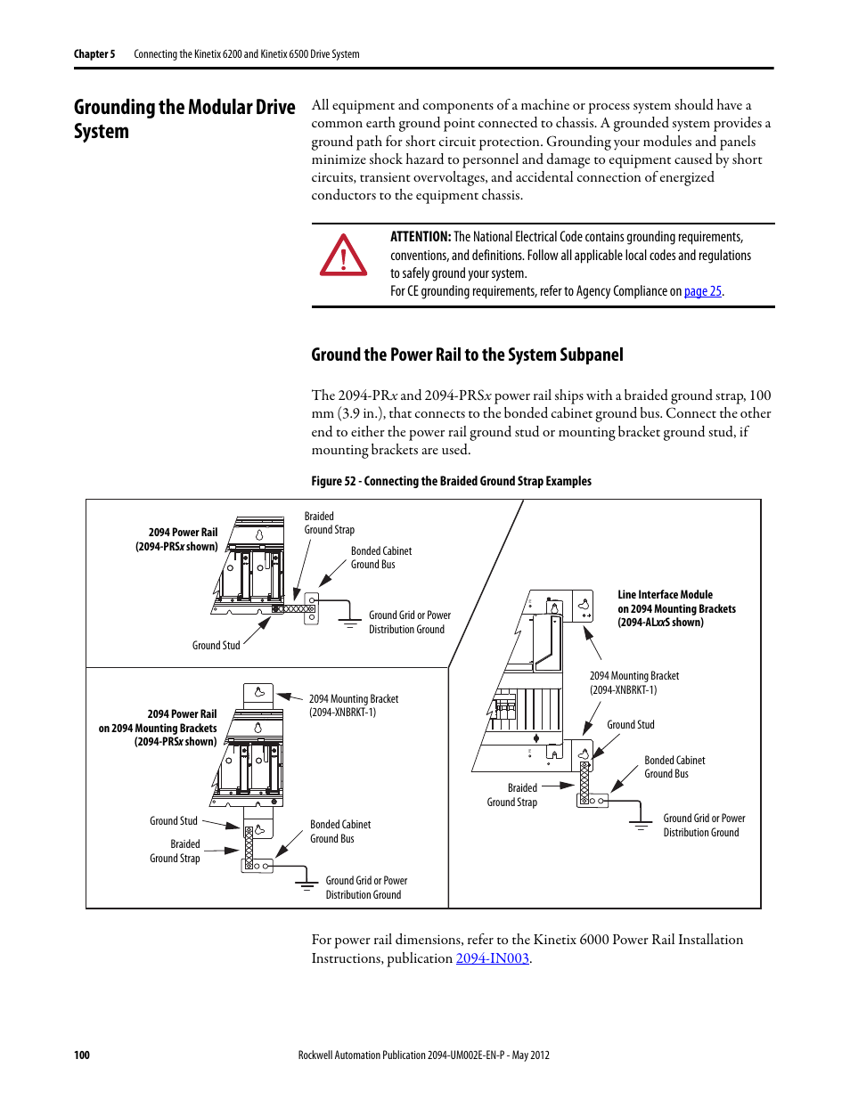 Grounding the modular drive system, Ground the power rail to the system subpanel, Grounding the modular drive system on | Rockwell Automation 2094-EN02D-M01-Sx Kinetix 6200 and Kinetix 6500 Modular Multi-axis Servo Drives User Manual User Manual | Page 100 / 290