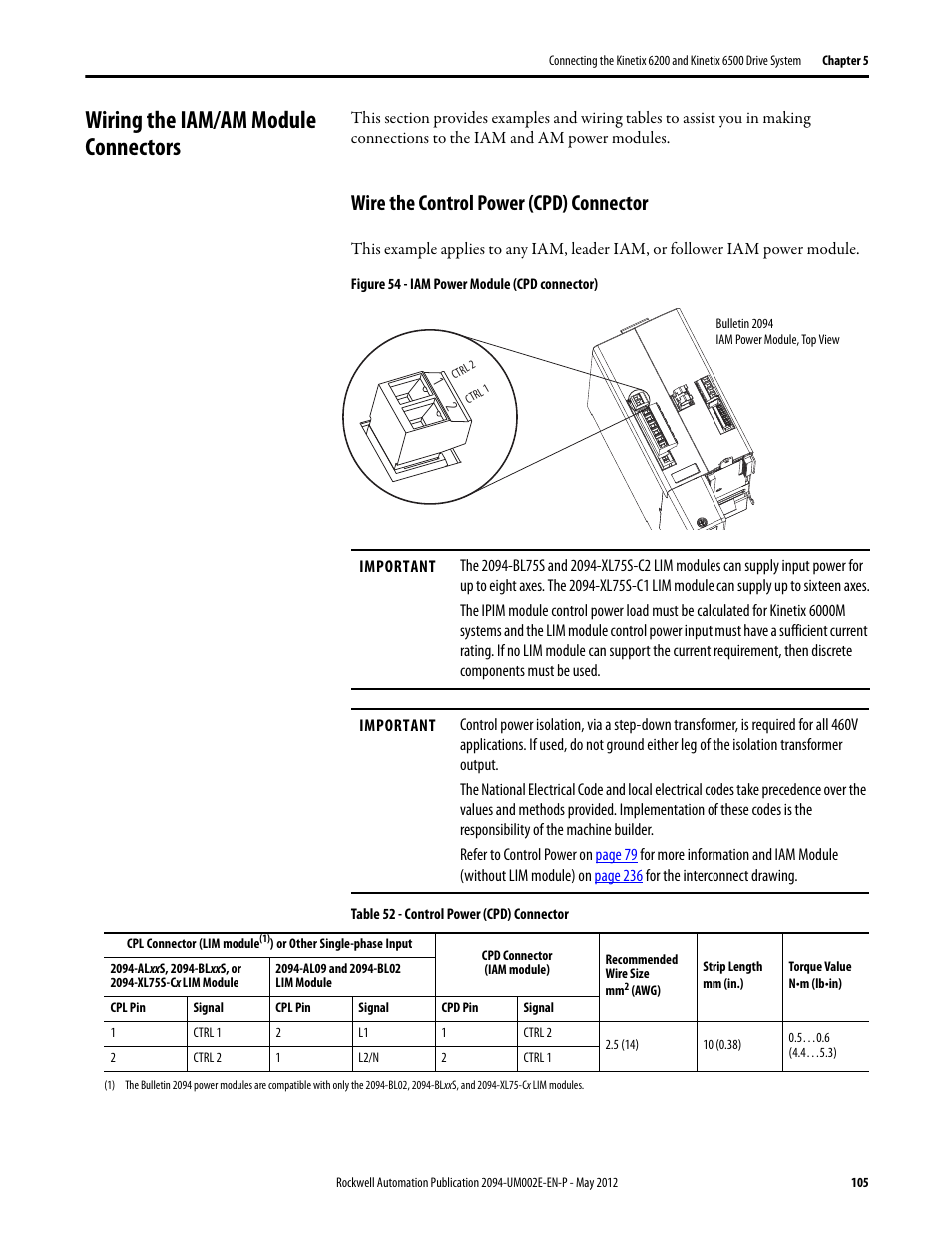 Wiring the iam/am module connectors, Wire the control power (cpd) connector | Rockwell Automation 2094-EN02D-M01-Sx Kinetix 6200 and Kinetix 6500 Modular Multi-axis Servo Drives User Manual User Manual | Page 105 / 290