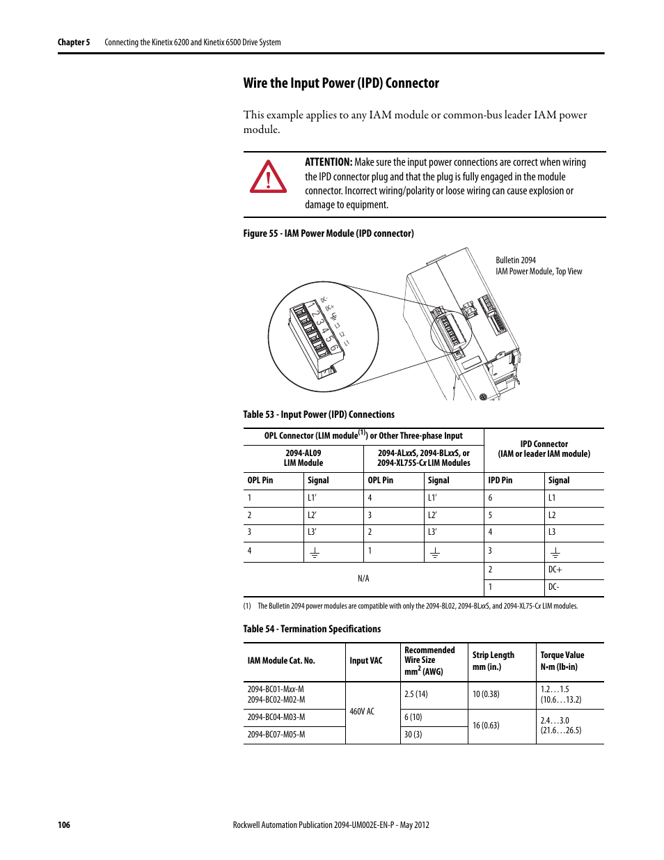 Wire the input power (ipd) connector | Rockwell Automation 2094-EN02D-M01-Sx Kinetix 6200 and Kinetix 6500 Modular Multi-axis Servo Drives User Manual User Manual | Page 106 / 290