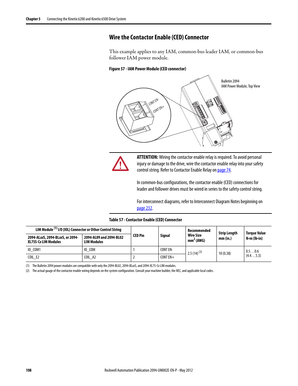 Wire the contactor enable (ced) connector | Rockwell Automation 2094-EN02D-M01-Sx Kinetix 6200 and Kinetix 6500 Modular Multi-axis Servo Drives User Manual User Manual | Page 108 / 290