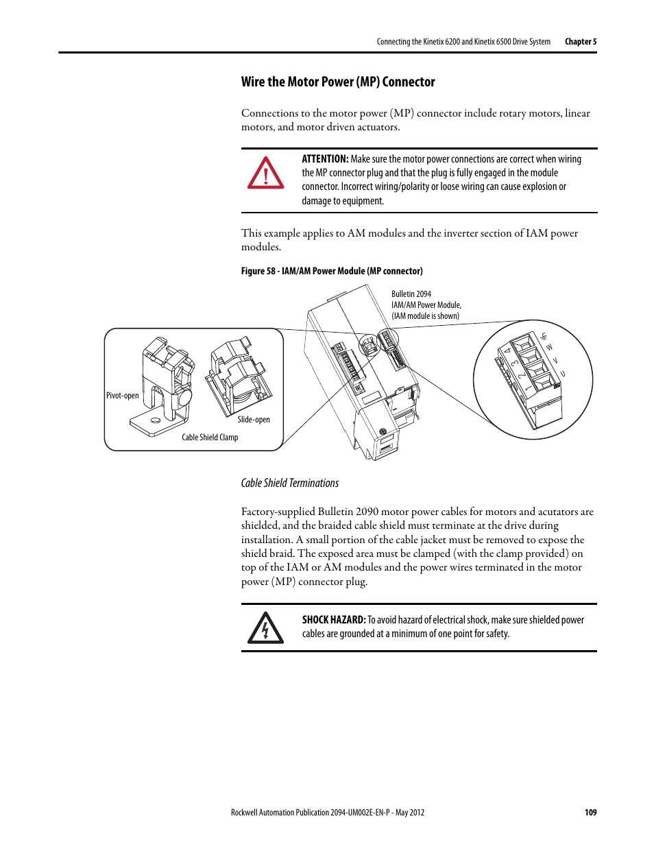 Wire the motor power (mp) connector, Cable shield terminations | Rockwell Automation 2094-EN02D-M01-Sx Kinetix 6200 and Kinetix 6500 Modular Multi-axis Servo Drives User Manual User Manual | Page 109 / 290