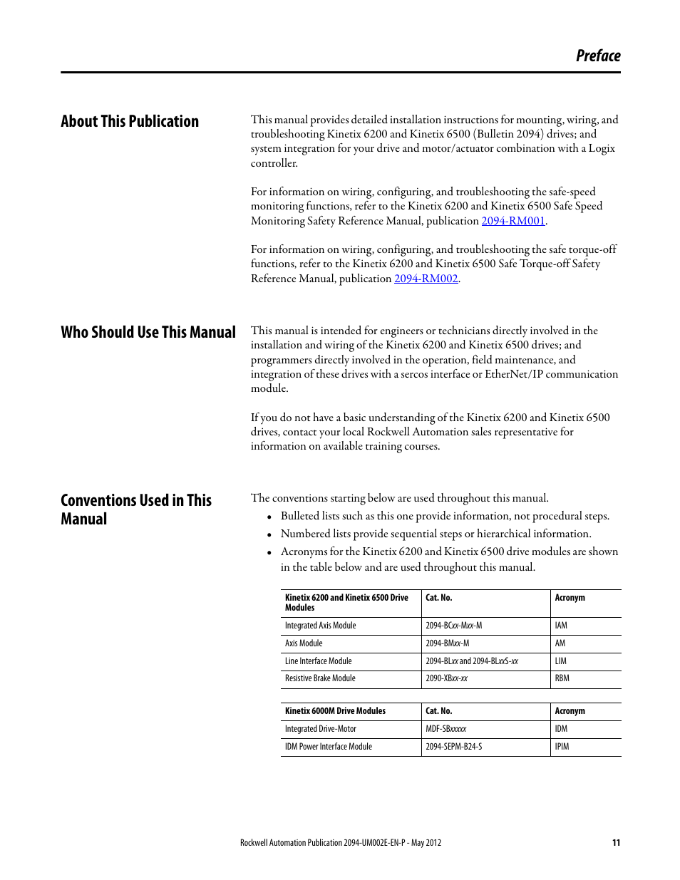 Preface, About this publication, Who should use this manual | Conventions used in this manual, Preface about this publication | Rockwell Automation 2094-EN02D-M01-Sx Kinetix 6200 and Kinetix 6500 Modular Multi-axis Servo Drives User Manual User Manual | Page 11 / 290