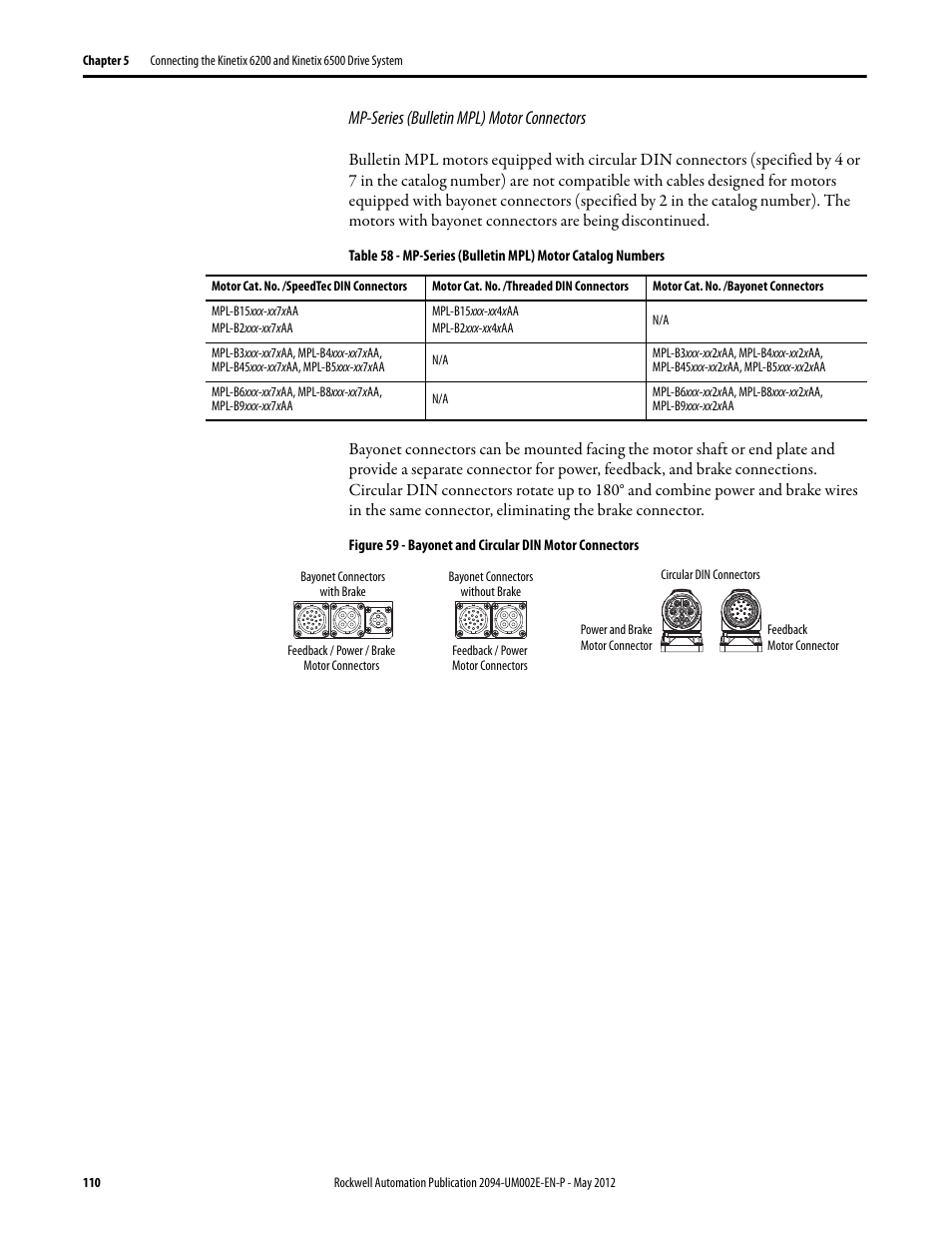 Mp-series (bulletin mpl) motor connectors | Rockwell Automation 2094-EN02D-M01-Sx Kinetix 6200 and Kinetix 6500 Modular Multi-axis Servo Drives User Manual User Manual | Page 110 / 290