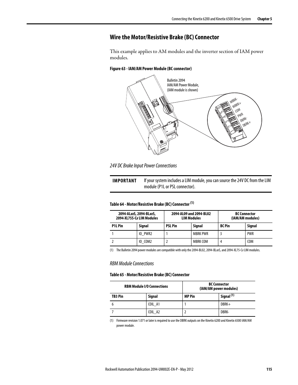 Wire the motor/resistive brake (bc) connector, 24v dc brake input power connections, Rbm module connections | Rockwell Automation 2094-EN02D-M01-Sx Kinetix 6200 and Kinetix 6500 Modular Multi-axis Servo Drives User Manual User Manual | Page 115 / 290