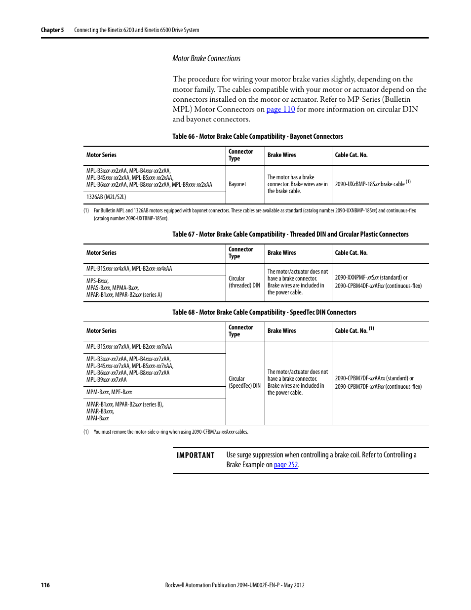 Motor brake connections, 116, br | Rockwell Automation 2094-EN02D-M01-Sx Kinetix 6200 and Kinetix 6500 Modular Multi-axis Servo Drives User Manual User Manual | Page 116 / 290