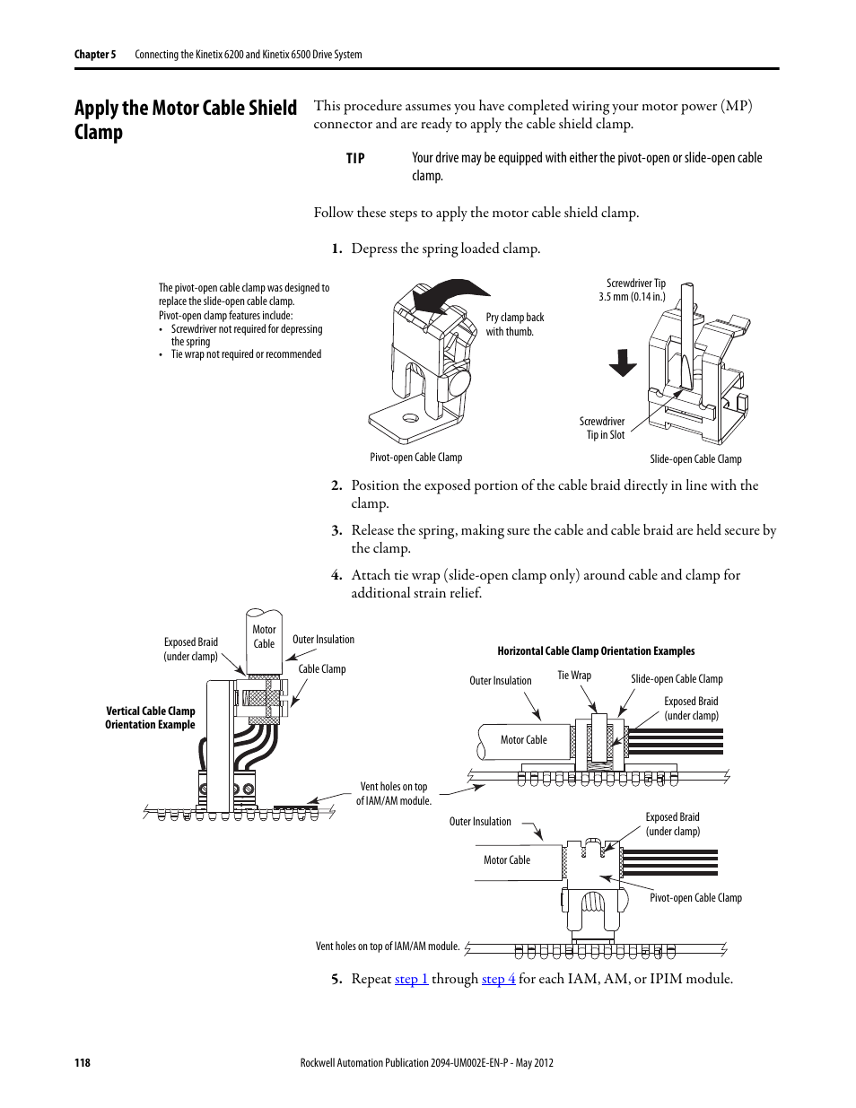 Apply the motor cable shield clamp | Rockwell Automation 2094-EN02D-M01-Sx Kinetix 6200 and Kinetix 6500 Modular Multi-axis Servo Drives User Manual User Manual | Page 118 / 290