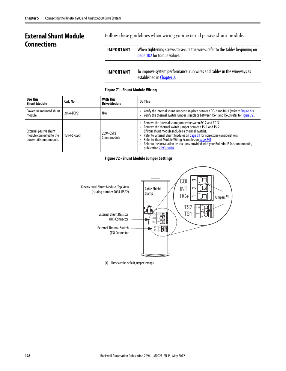External shunt module connections, Col int dc+ ts2 ts1 | Rockwell Automation 2094-EN02D-M01-Sx Kinetix 6200 and Kinetix 6500 Modular Multi-axis Servo Drives User Manual User Manual | Page 128 / 290